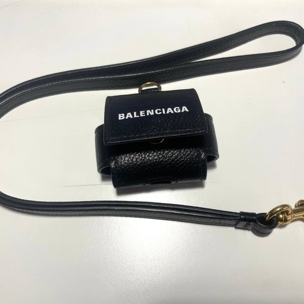Balenciaga Large EarPods Pro Case Black Logo Leather Holder with Lanyard
